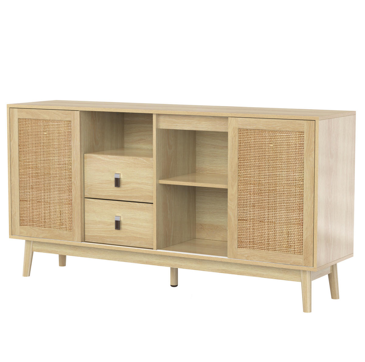 SIDEBOARD aus MDF/Spanplatte mit Rattan-Schiebetüren und 2 Schubladen, 155/38/80 cm，Naturfarben - Naturfarben, Holzwerkstoff (38/80/155cm) - Redom