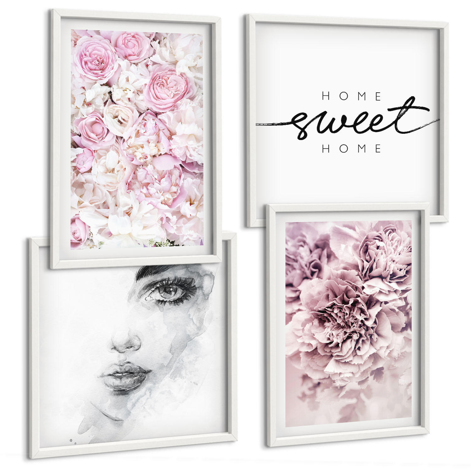 BILDER SET 4er Set - 50x50 cm & 40x60 cm Weißer Rahmen - Pfingstrosenporträt einer Frau für Zuhause - Weiß, Kunststoff (50/50cm) - TULUP