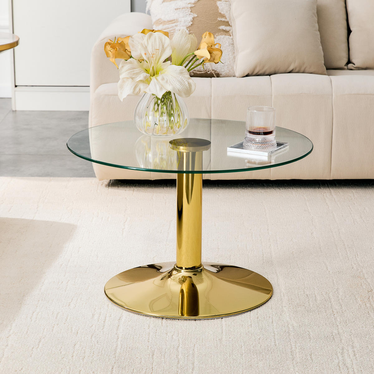 COUCHTISCH DE-37356 rund mit Glasplatte und Metallgestell Gold - Goldfarben, Metall (70/70/45cm) - ComfortXL