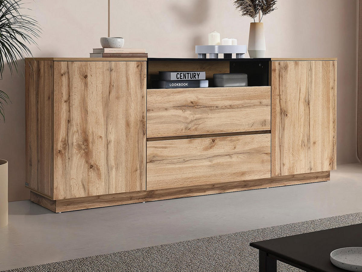 SIDEBOARD mit 2 Türen, 2 Schubladen & 1 Ablagefach - Holzfarben & Schwarz - CEMILINA - Hellbraun, Holz (180/75/40cm) - Vente-Unique