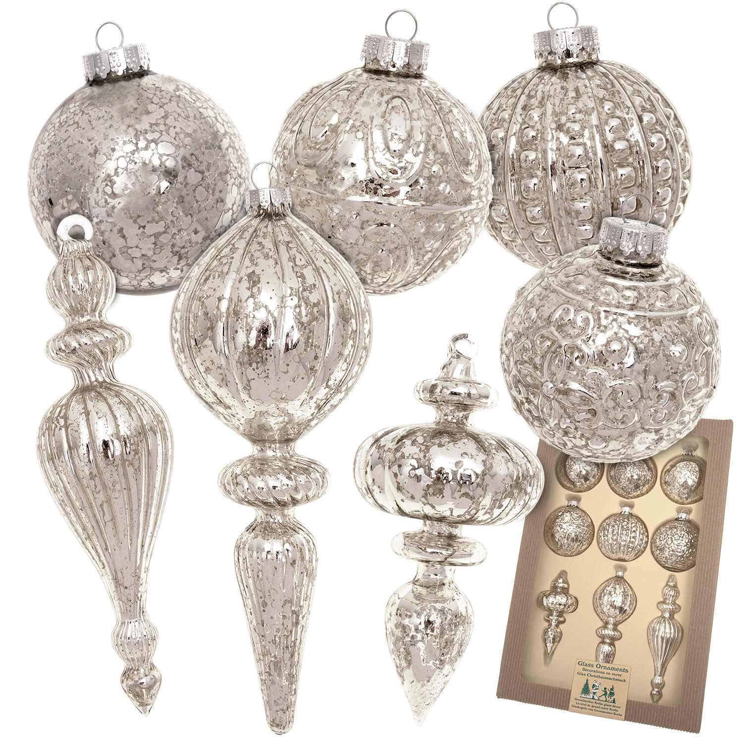CHRISTBAUMSCHMUCK Romantikformen Antik Silberfarbig 19cm (Glas / 9 Stk.) - Silberfarben, Glas (8/19/8cm) - Krebs Glas Lauscha