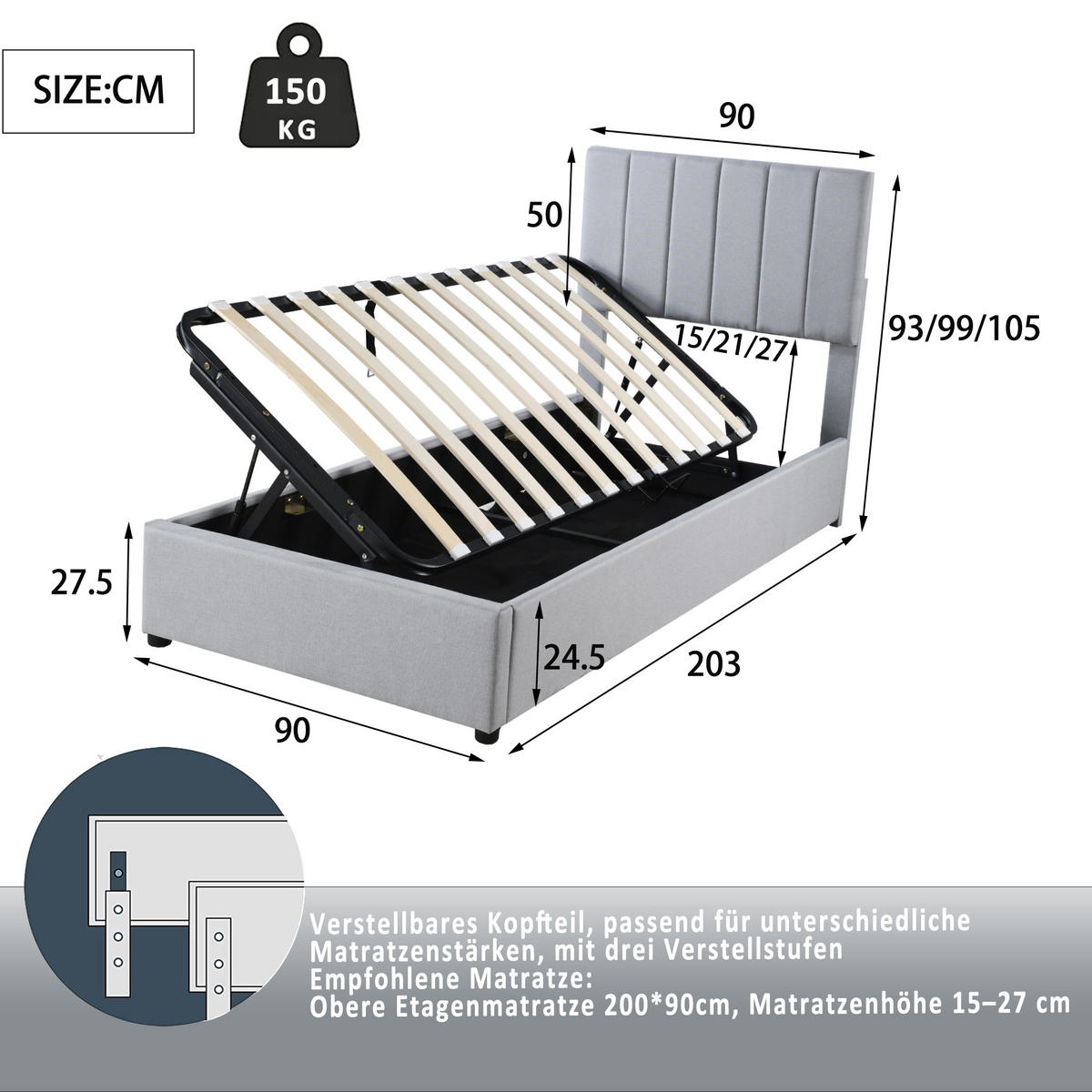 POLSTERBETT 90/200 cm grau hydraulisches Stauraumbett mit verstellbarem Kopfteil - Grau, Textil (90/200cm) - OKWISH