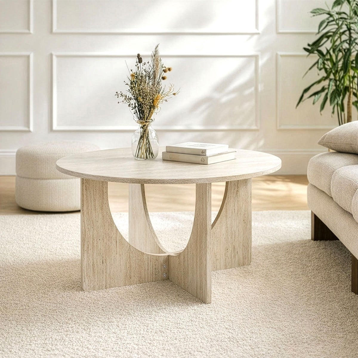 COUCHTISCH mit runder Tischplatte im Travertin-Optik 70/70/42 cm - Beige, Holzwerkstoff (9.5/70/42cm) - Calicosy