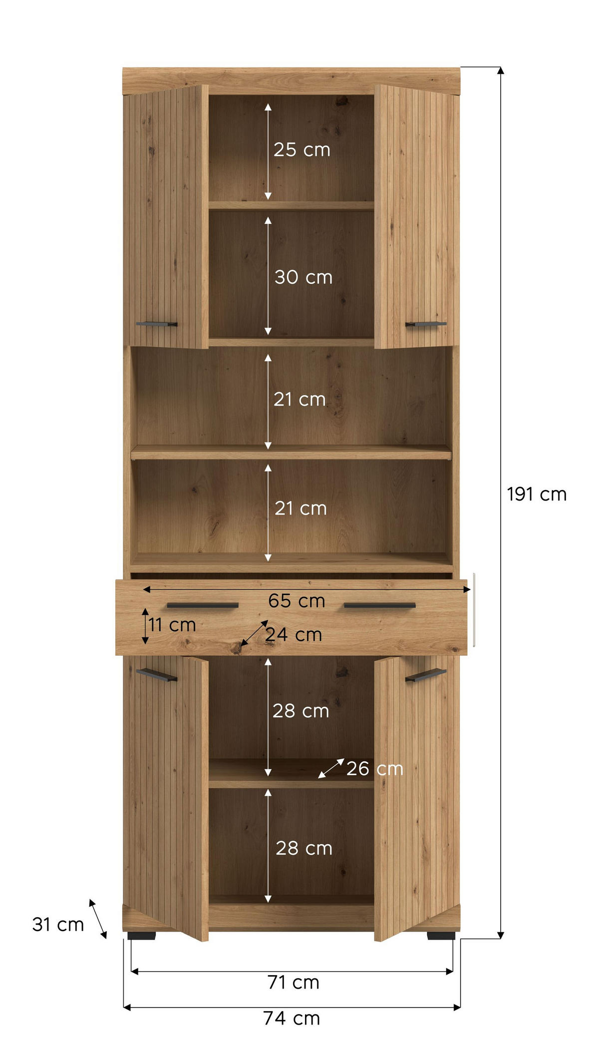 HOCHSCHRANK breit Vento (B/H/T: ca. 74/191/31 cm) in Artisan Eiche Nachbildung/Artisan Eiche Nachbildung - Eiche Artisan, Holz (74/191/31cm)