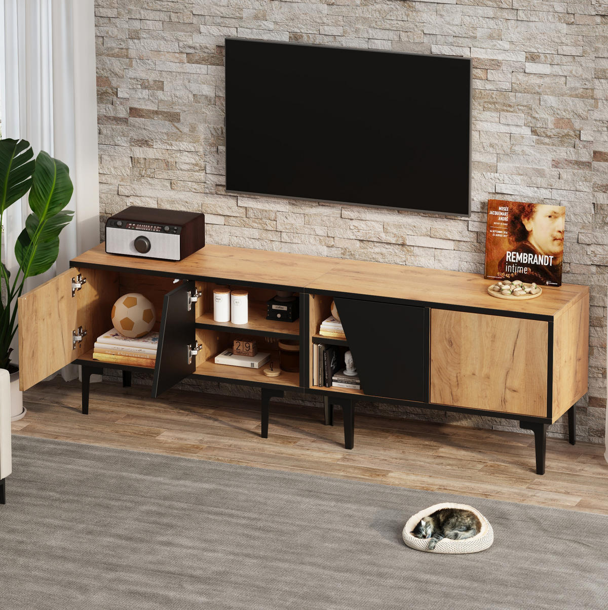 TV ormarić od iverice 160x36,5x45 cm prirodna boja i crna s 4 pretinca i 7 PVC nogu, za TV do 65" - svijetlo smeđa, drvni materijal (160/45/36.5cm) - Modfu