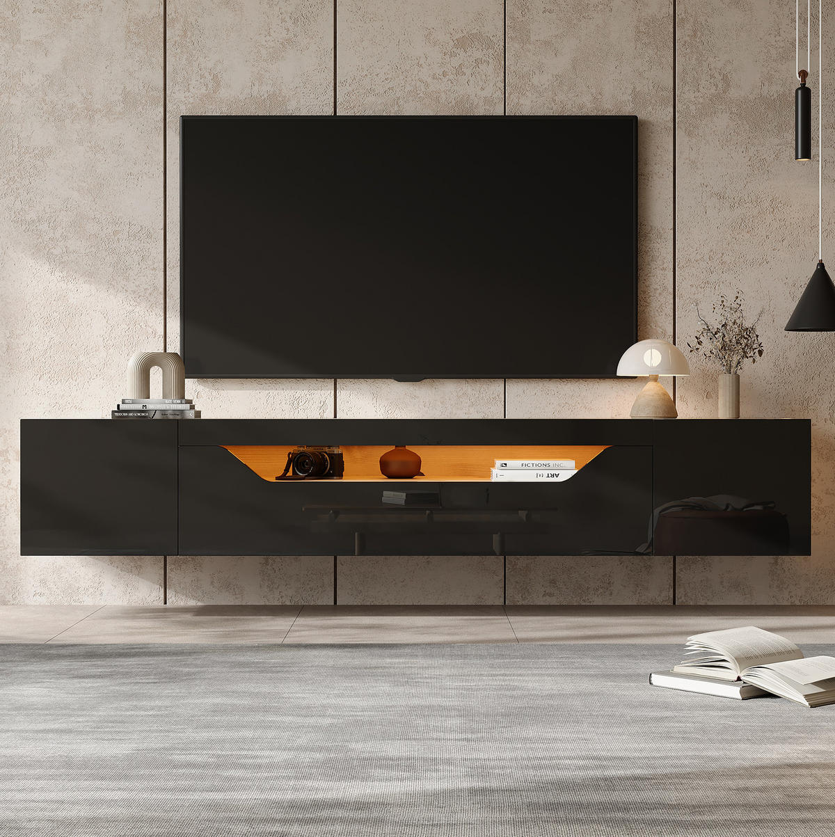 TV-SCHRANK 170/36/55 cm weiß MDF mit Goldverzierungen und Soft-Close-Scharniere - Schwarz, Holzwerkstoff (180/36/37cm) - OKWISH