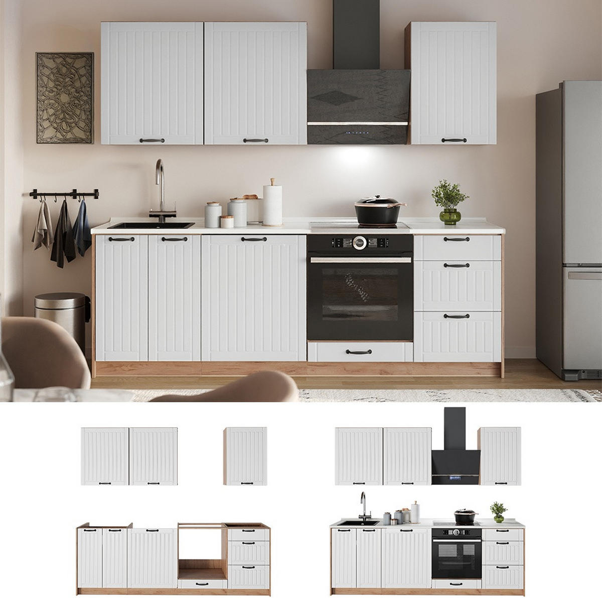 KÜCHENZEILE Fame-Line, Weiß Landhaus/Goldkraft Eiche, 230 cm, AP Anthrazit - Honigeiche/Weiß, Holzwerkstoff (230/206.8/60cm) - Vicco