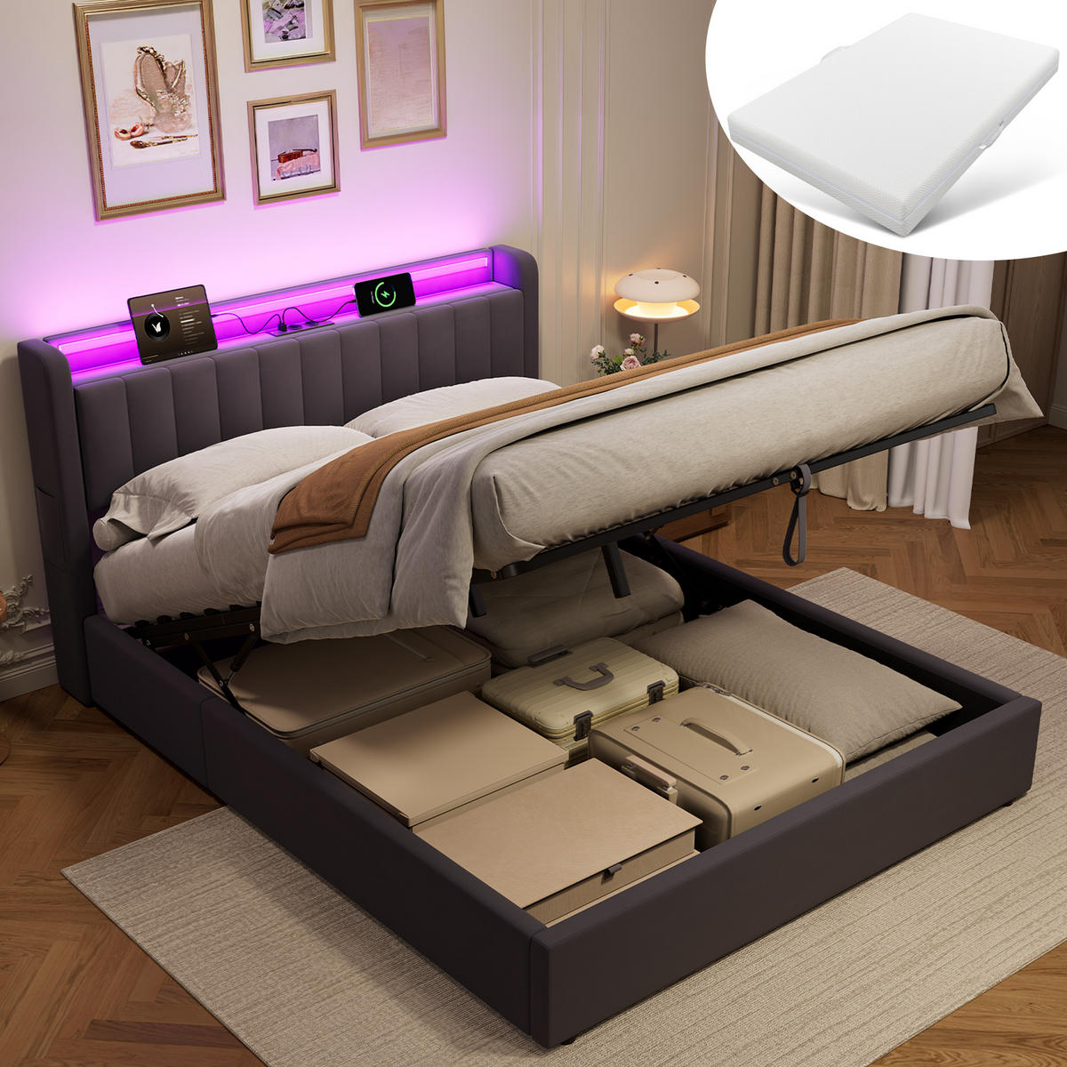 ČALOUNĚNÁ POSTEL 160/200 cm s matrací a úložným prostorem, se zásuvkou a LED osvětlením - šedá, kov/kompozitní dřevo (160/200cm) - STILVORA