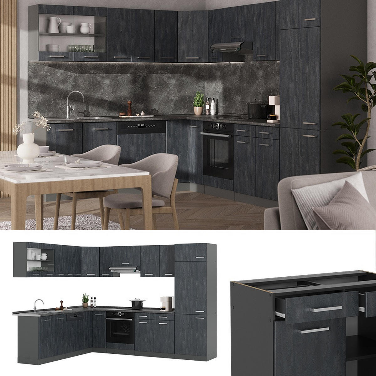 ECKKÜCHE R-Line, Schwarz Beton/Anthrazit, 287 x 227 cm AP Marmor - Anthrazit/Schwarz, Holzwerkstoff (287/206.8/60cm) - Vicco