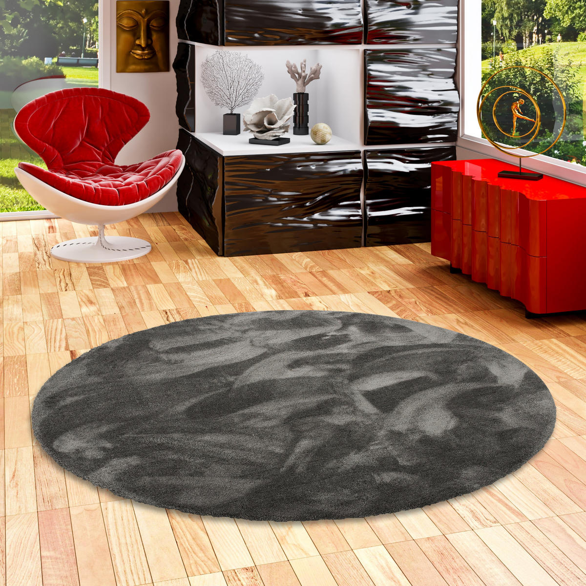LUXUS HOCHFLOR SHAGGY TEPPICH VELVET RUND - Anthrazit, Textil (133/133cm) - Snapstyle