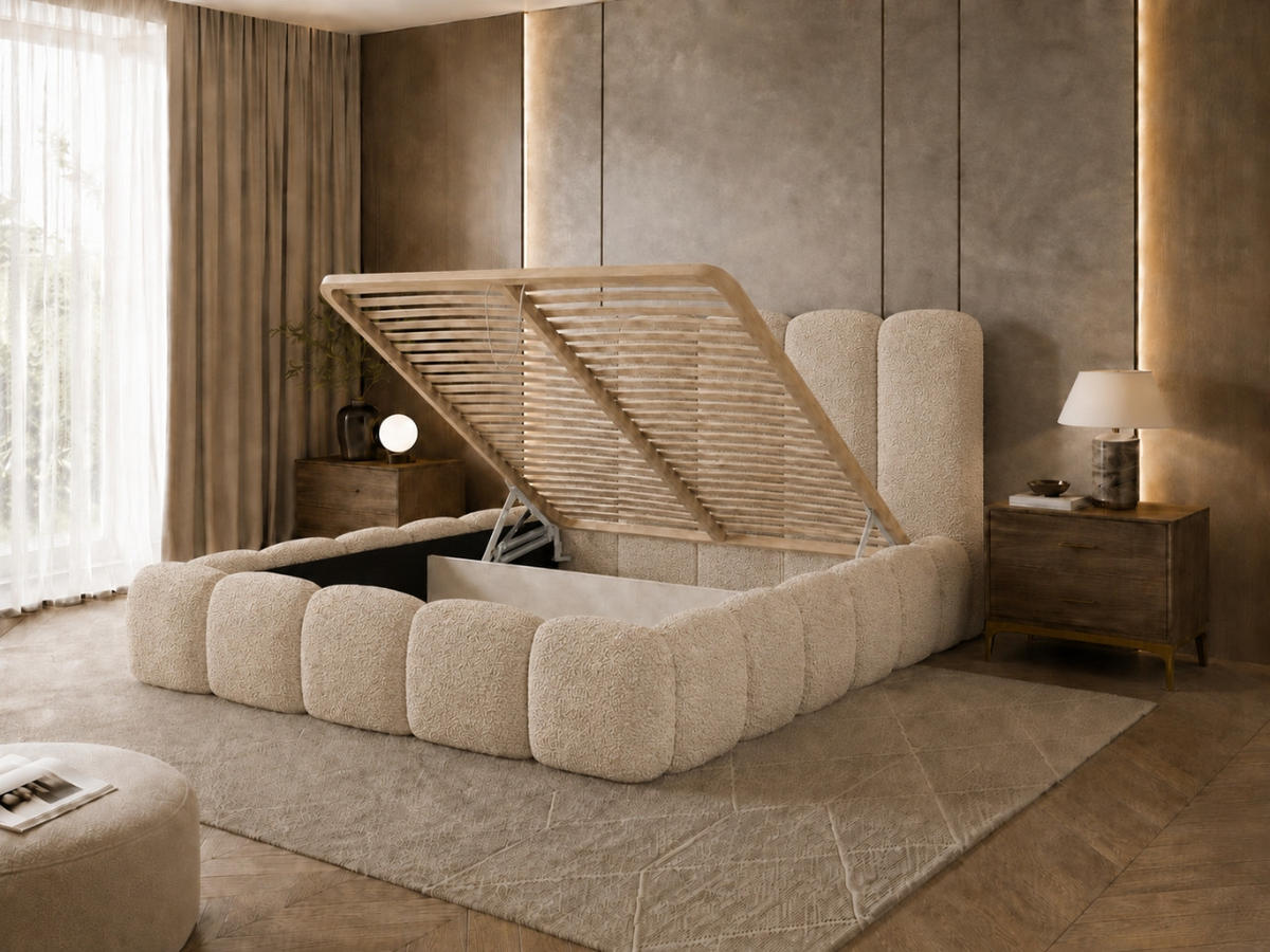 POLSTERBETT TEDDY 180x200 cm in Creme, gepolstertes Kopfteil, Lattenrost, Bettkasten, Bouclé-Stoff - Ecru, Holz/Textil (180/200cm) - EMLAR Home