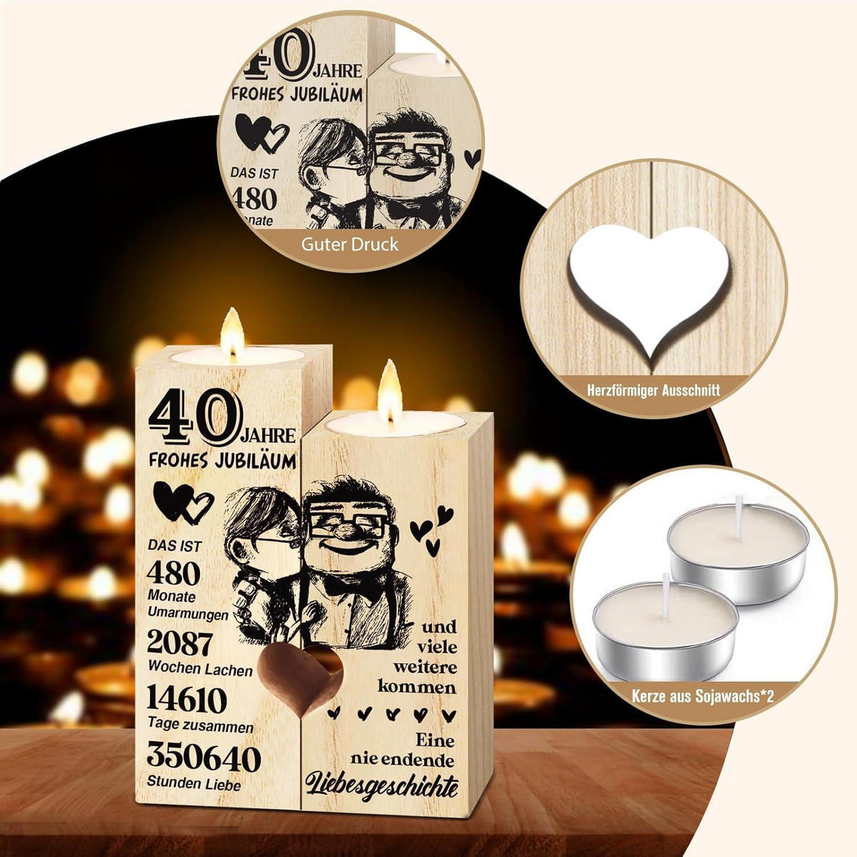 KERZENSTÄNDER Holz 40. Hochzeitstag Geschenk - Braun, Holz (9/12/9cm)
