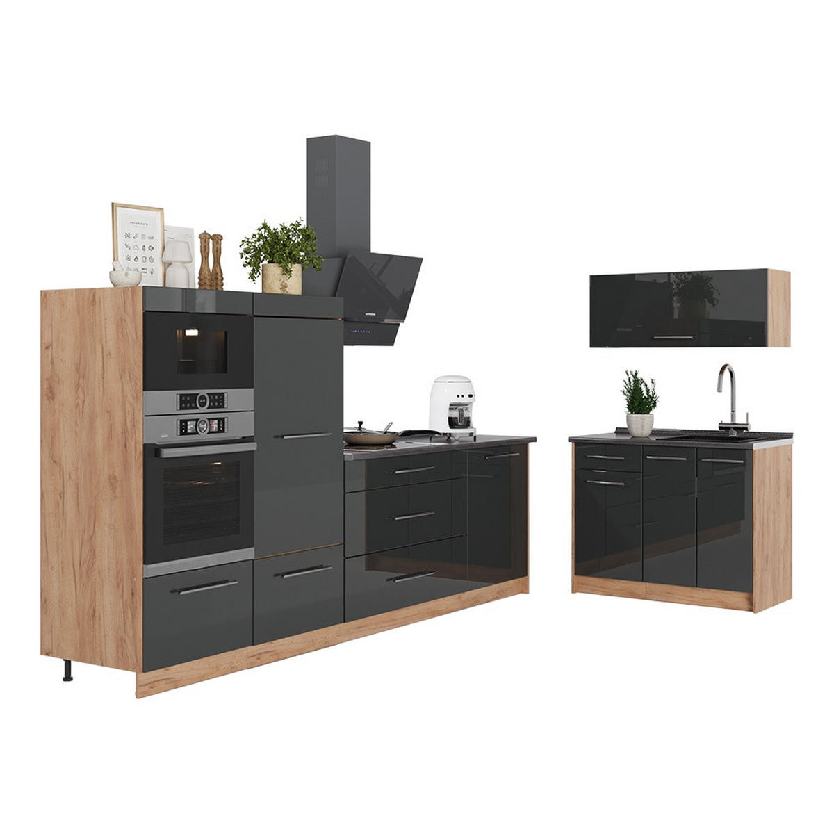 KUHINJA Fame-Line, Antracit z visokim sijajem/Zlati hrast z močjo, 380 cm, DP Hrast - barve hrasta/antracit, leseni material (380/153.6/60cm) - Vicco