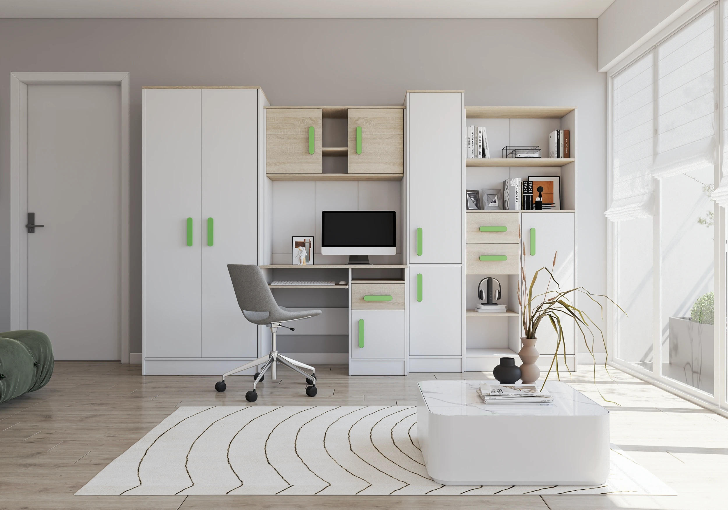 JUGENDZIMMER Wohnwand Colorino in Weiß und Eiche Sonoma – mit Limettenfarbenen Griffen 5 teilig - Kinderzimmer Komplett - Weiß, Holzwerkstoff (80/200/120cm)