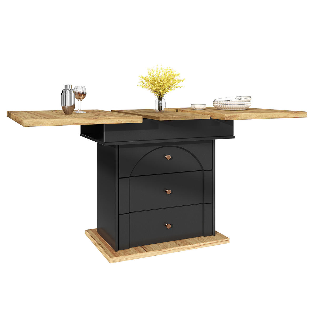 ESSTISCH Ausziehbarer aus MDF mit Stauraum & Klapptür, 110–140/80/75 cm, Schwarz/Natur - Schwarz, Holzwerkstoff (110/80/75cm) - Redom