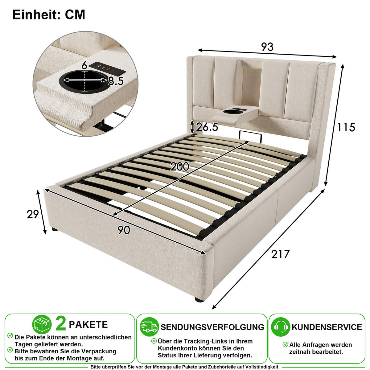 POLSTERBETT 90/200 cm in Beige mit Stauraum, USB und Type-C Leinen - Beige, Holzwerkstoff/Textil (90/200cm) - CHICFURN