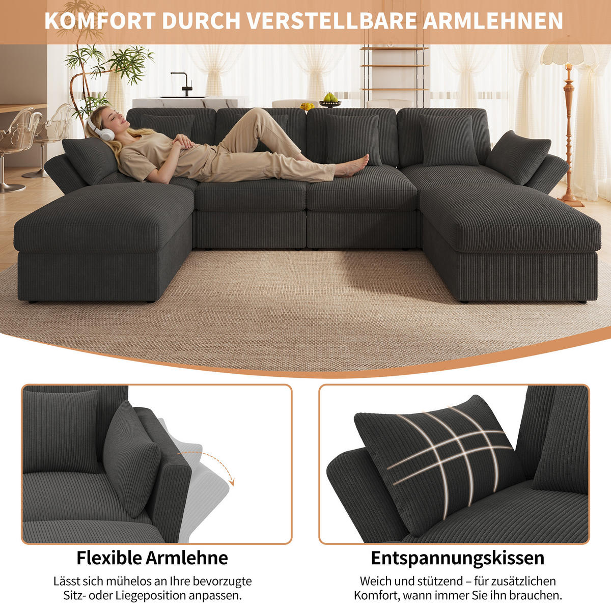 ECKSOFA 290/159,5/89 cm grau aus Cord mit verstellbaren Armlehnen und 2 Hockern - Grau, Textil (159.5/290cm) - OKWISH