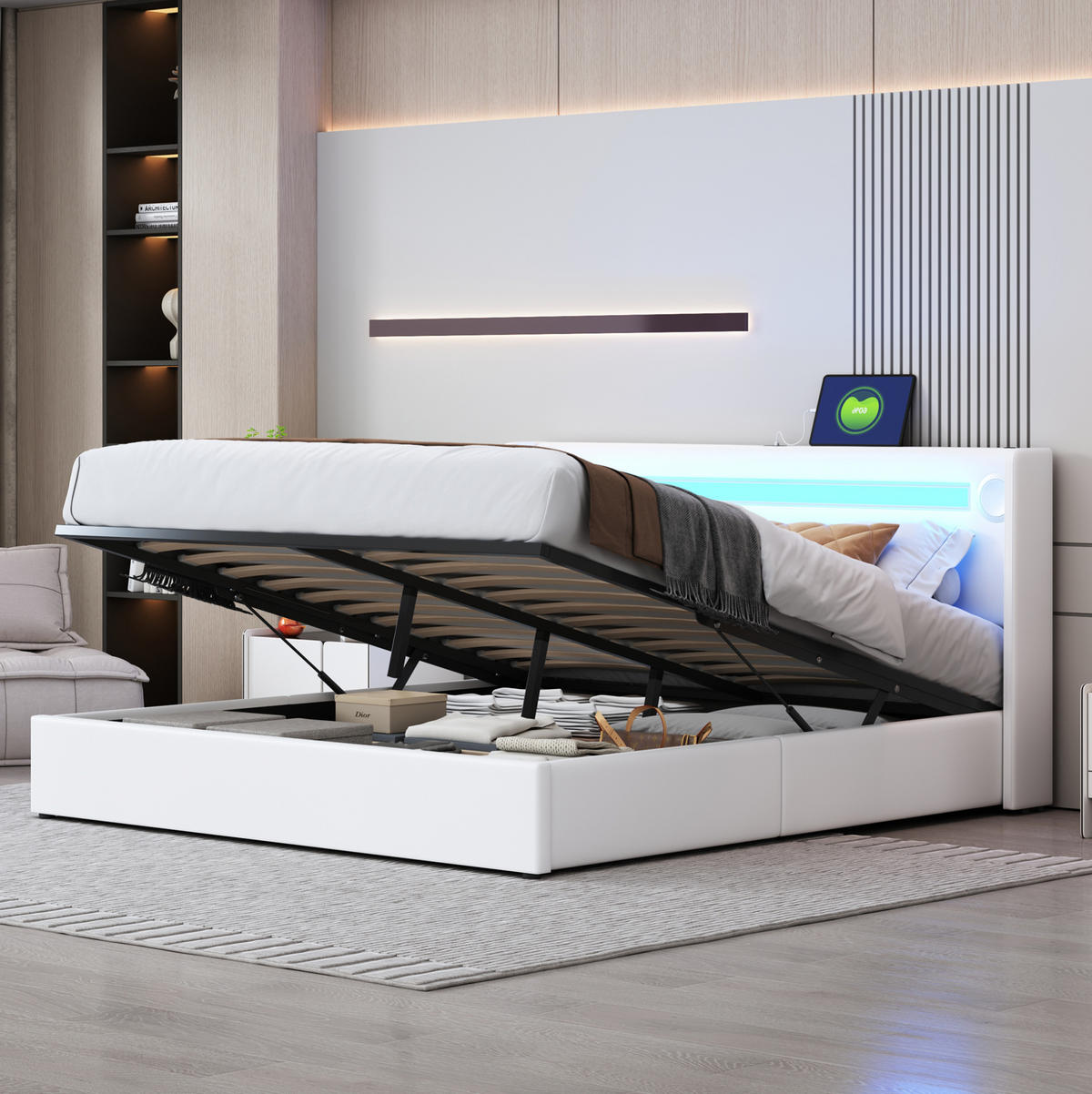 POLSTERBETT 160/200 cm mit LED-Lichtleiste, Bluetooth-Lautsprecher, USB-Anschlüssen und hydraulischem Stauraum, Weiß - Weiß, Kunststoff (160/200cm) - Redom