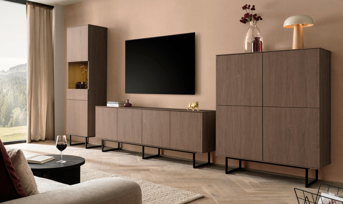 WOHNWAND in Nussbaum 3-teilig 400 cm, Wohnkombination mit Push-to-Open - Nussbaumfarben/Schwarz, Glas/Holzwerkstoff (400/200/40cm) - Furn.Design
