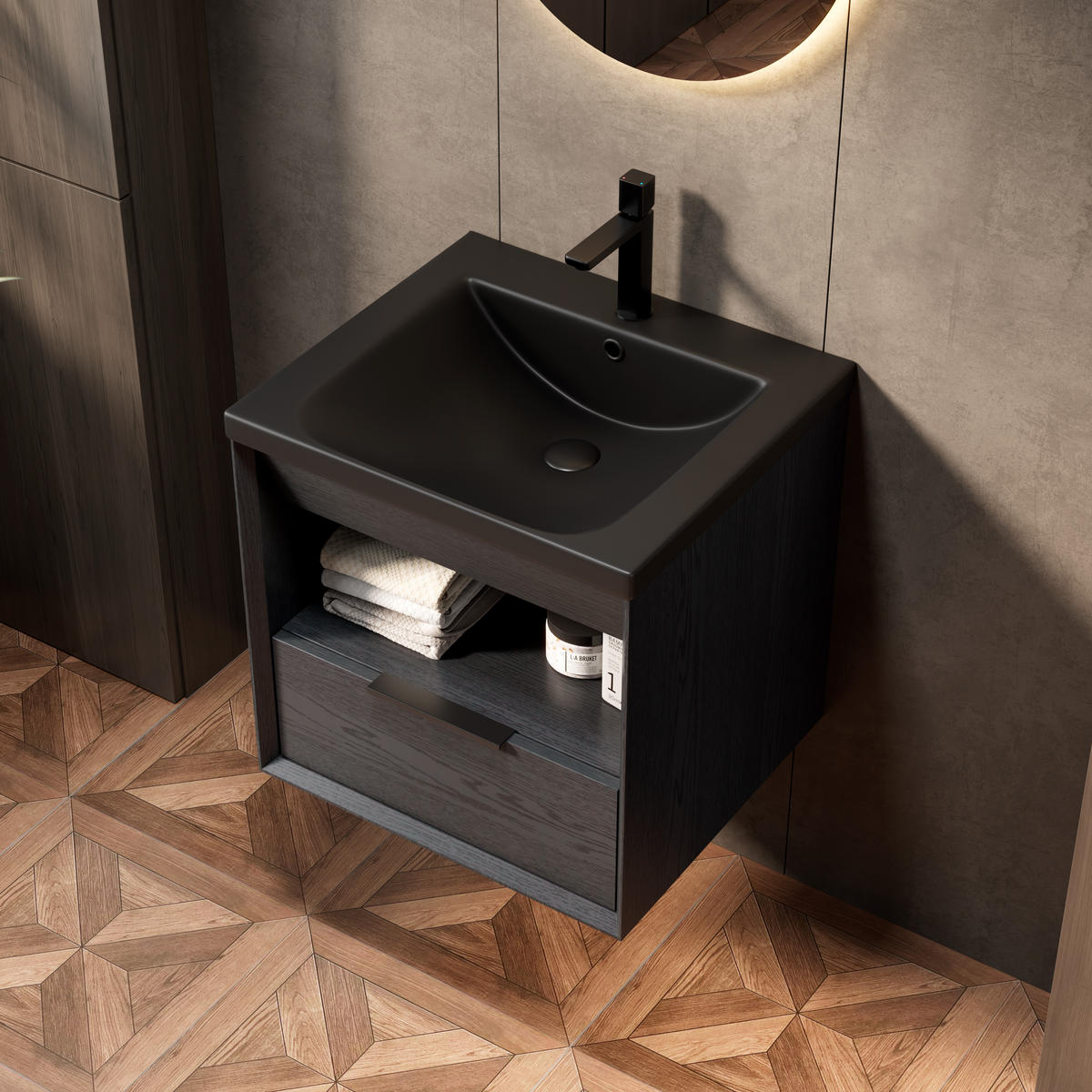 WASCHTISCHUNTERSCHRANK 51.5x47x51.5cm Schwarz/Dunkleiche mit integrierter Keramikspüle - Schwarz, Keramik (51.5/51.5/47cm) - Modfu