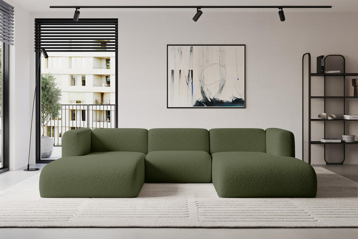 WOHNLANDSCHAFT MIRA-U1 317x179x70 Grün Bouclé - Schwarz/Olivgrün, Holzwerkstoff/Kunststoff (317/70/179cm) - ALTDECOR