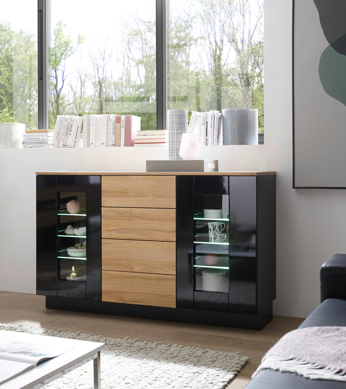 SIDEBOARD M14 Schwarz Hochglanz & Grandson Oak hell 136/85/43 cm schmal mit Glasausschnitt - Schwarz Hochglanz, Holzwerkstoff (136/85/43cm) - Livojo