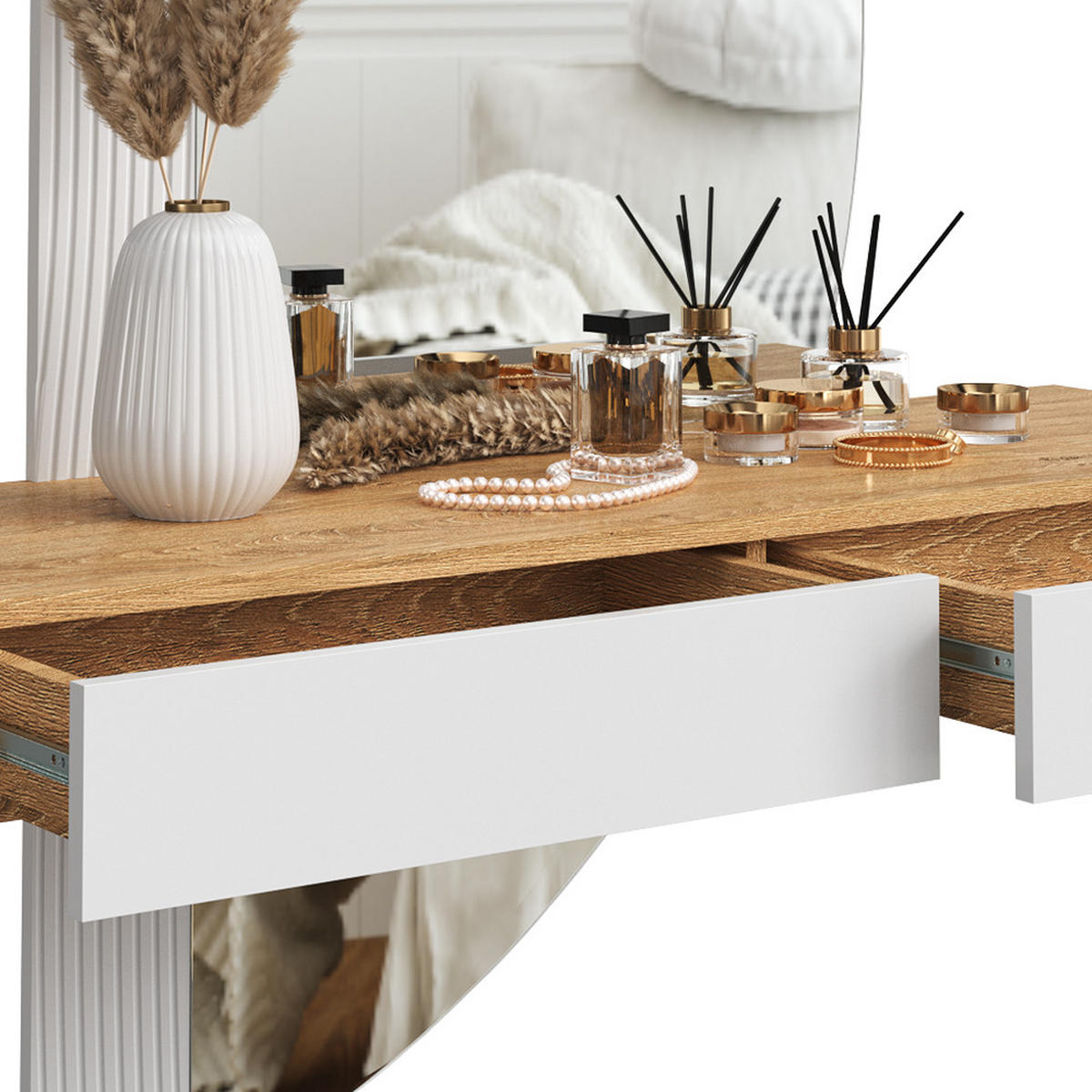 SCHMINKTISCH Melisa Weiß 120 cm mit LED Beleuchtung - Eichefarben/Weiß, Holzwerkstoff (120/161.1/40cm) - Vicco