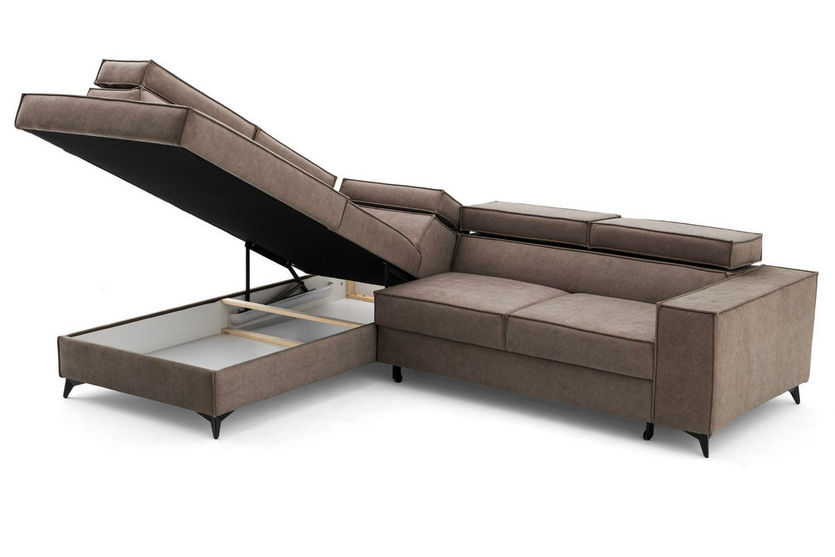 ECKSOFA PURE L Links mit Schlaffunktion 127x199 Velours Beige - Beige/Schwarz, Holz/Textil (281/204cm) - Muffo