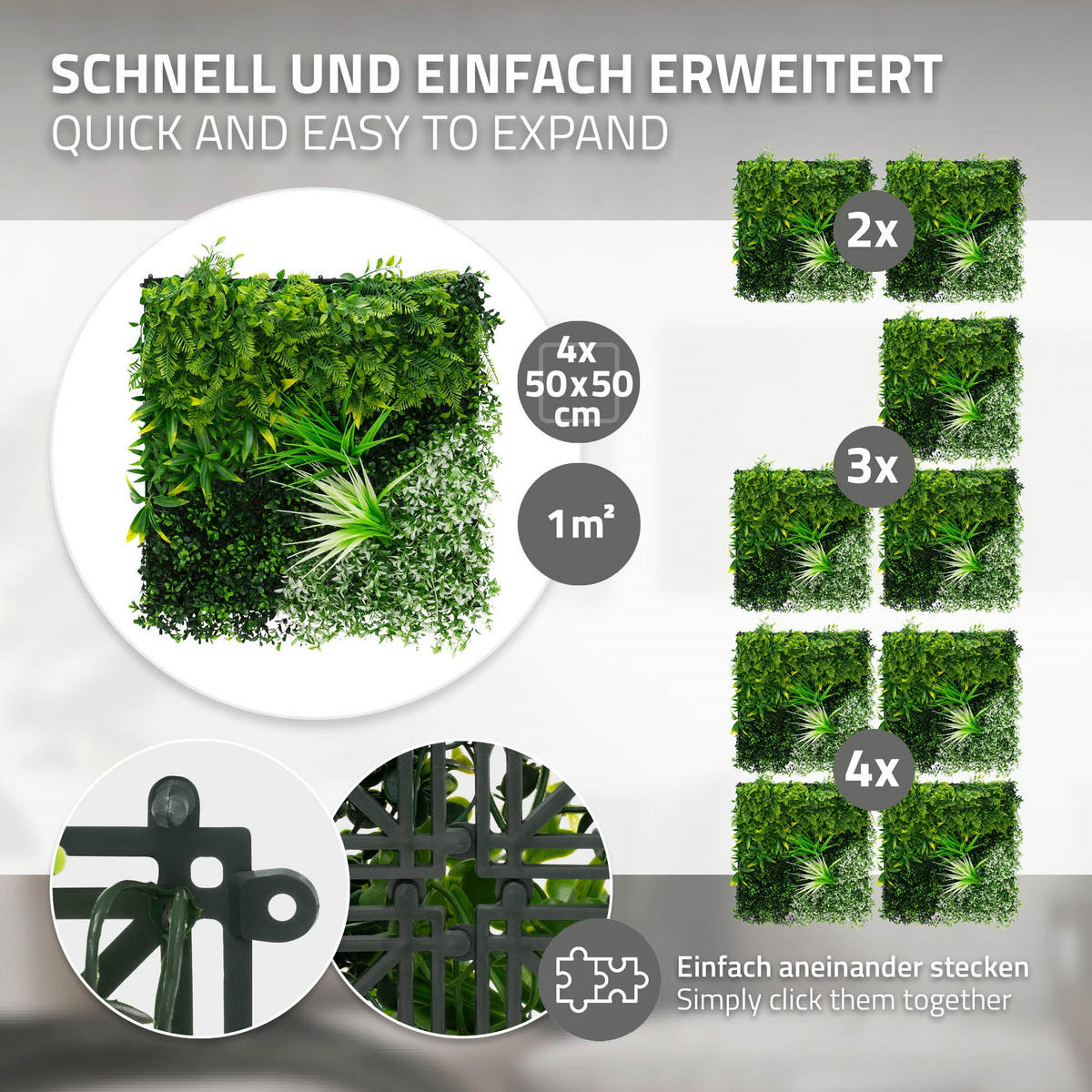 KÜNSTLICHE PFLANZENWAND 4er Set 50x50 cm Kunstpflanzen Wand Innen Aussen Grün White Blossom - Hellgrün, Kunststoff (50/50/10cm) - ECD-Germany