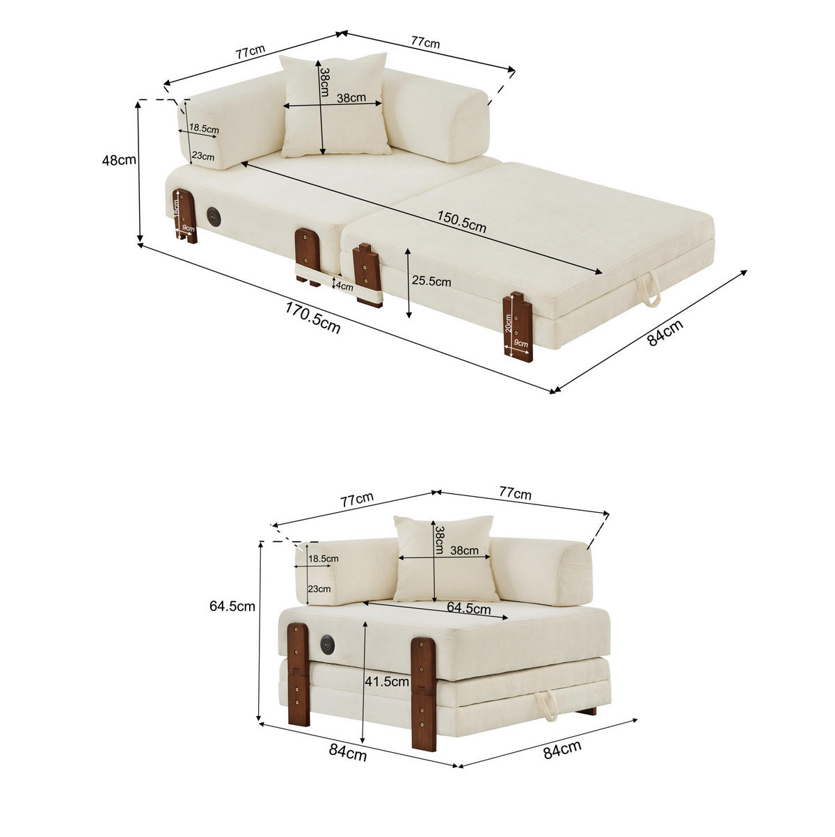 SCHLAFSESSEL aus Stoff Beige mit USB-, Type-C-Anschluss, Stauraum, Seitenfächern und Kissen - Beige, Textil (84/48/170.5cm) - Modfu