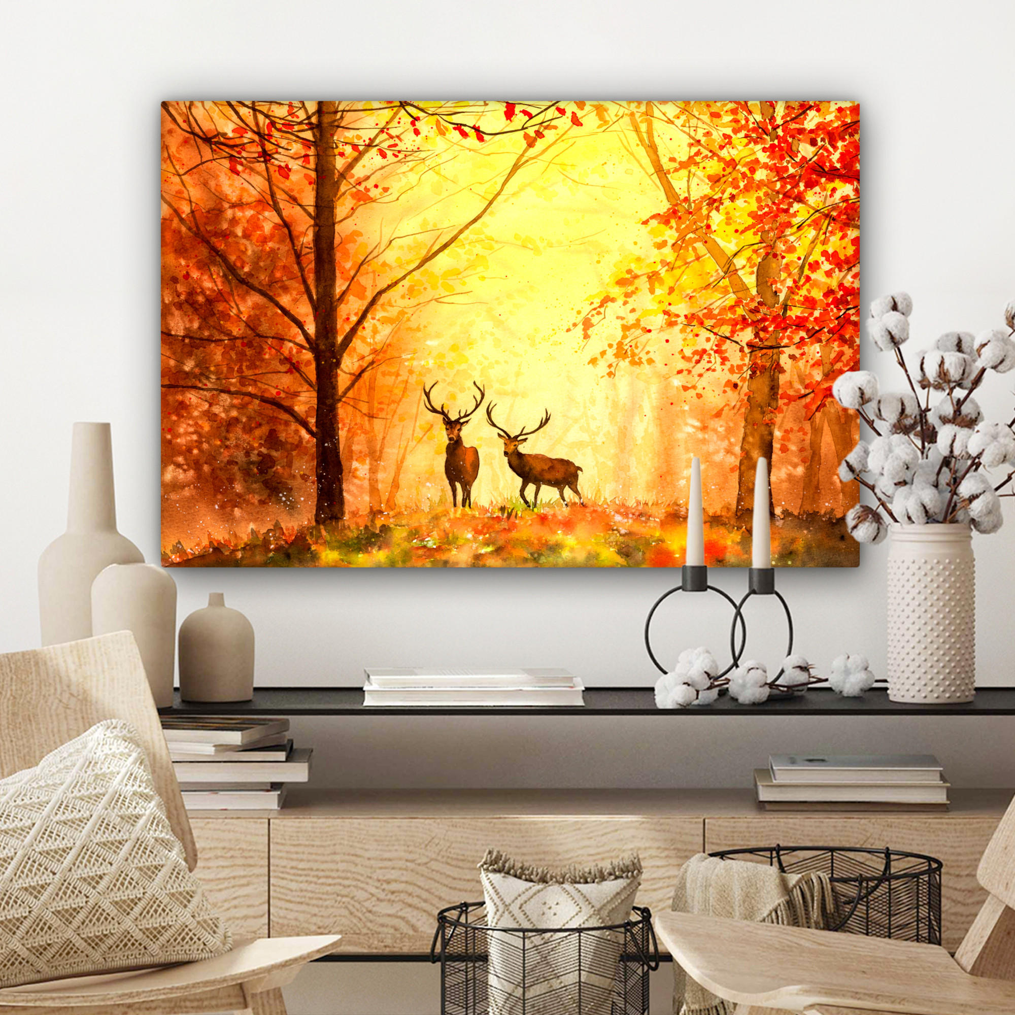 LEINWANDBILD Natur - Ölfarbe - Hirsche - Tiere - Herbst - Orange Wanddeko 90x60 cm - Orange, Textil (90/60cm) - MuchoWow
