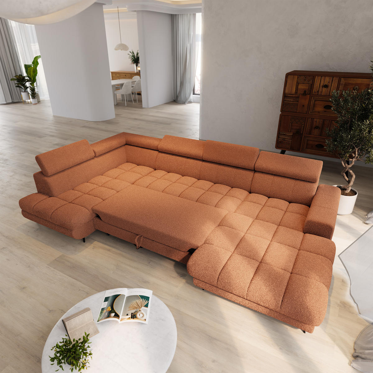 WOHNLANDSCHAFT CORENO Orange Boucle-Stoff mit Schlaffunktion - Terracotta, Holz (345/88/190cm) - MASSENO