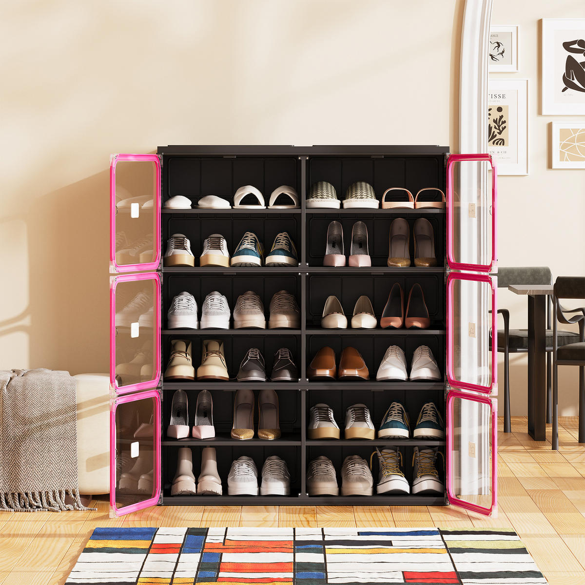 SCHUHSCHRANK, Doppelfach mit 6 Ebenen, faltbar, montagefrei, aus Kunststoff, Flurmöbel, Schwarz-Rot - Rot, Kunststoff (85/104/34cm) - GENKI LIVING