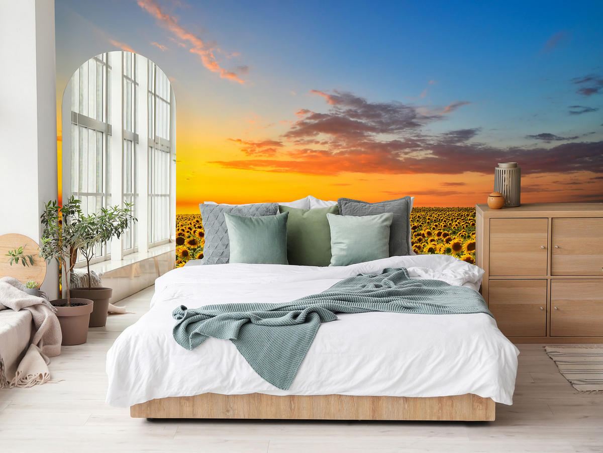 FOTOTAPETE für Küche Sonnenuntergang Sonnenblumenfeld Blumen 450x315 - Gelb/Orange, Papier (450/315cm) - Muralo