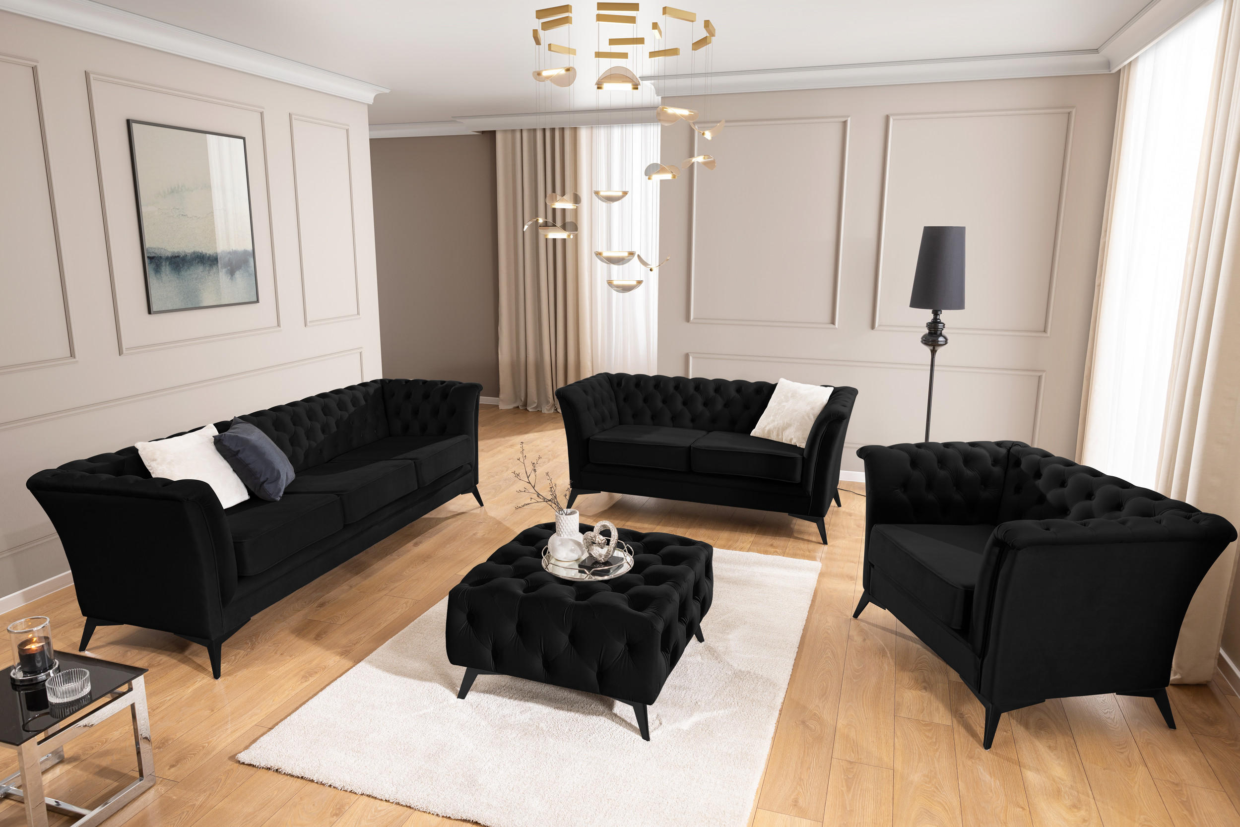 SITZGARNITUR 3+2+1 Chesterfield Whitby Schwarz Samt mit schwarzen Füßen - Schwarz, Holz/Textil (237/78/82cm) - S-Style Möbel