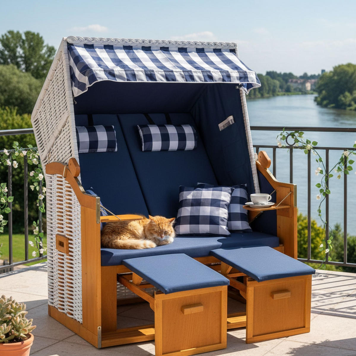 STRANDKORB Ostsee 2-Sitzer PE weiß - Blau/Weiß, Metall (120/160/80cm) - Mr. Deko