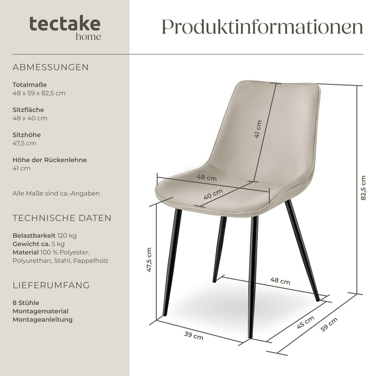 STUHL 8er Set Monroe 48 x 59 x 82 5 cm creme - Creme, Textil (48/82.5/59cm) - tectake