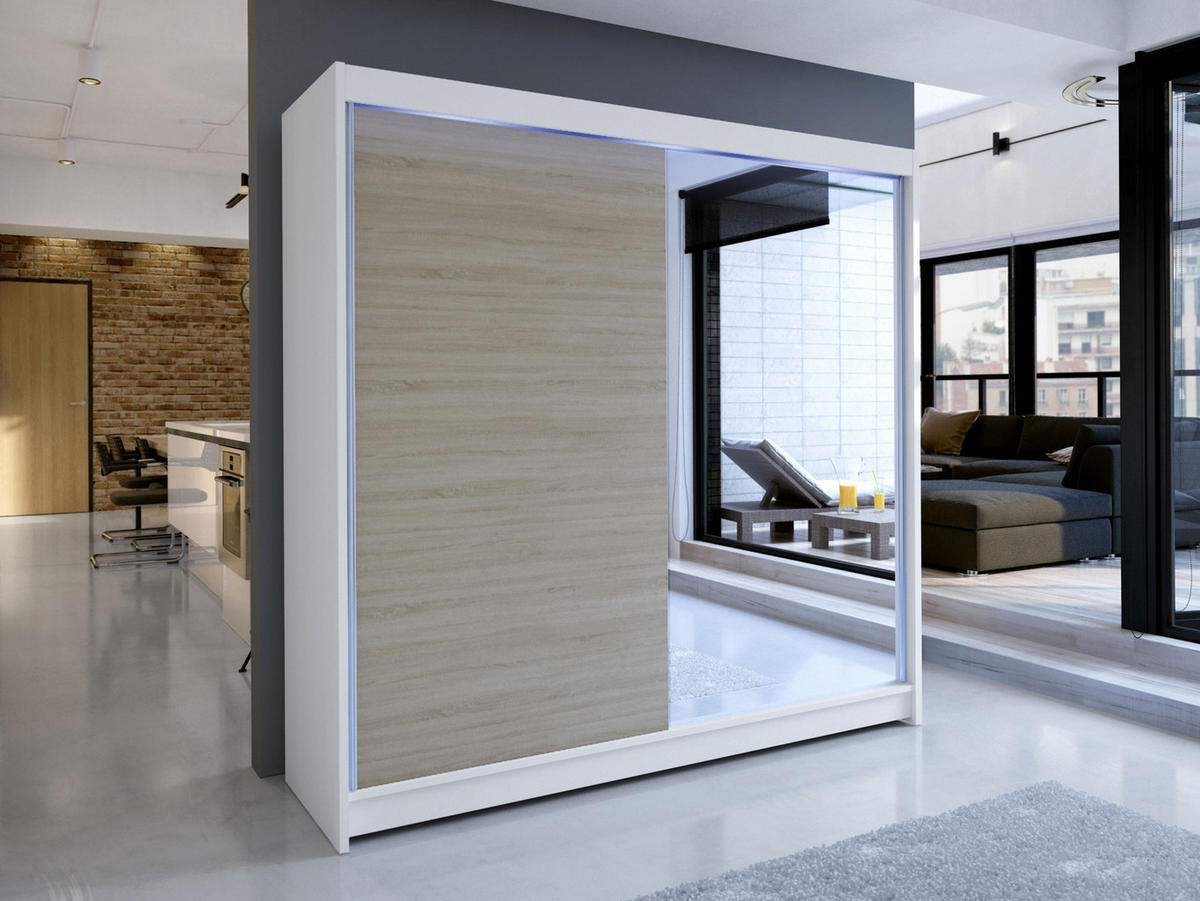 SCHWEBETÜRENSCHRANK Talin I, mit RGB LED Beleuchtung - Beige/Silberfarben, Holzwerkstoff/Metall (180/215/58cm) - MIRJAN24