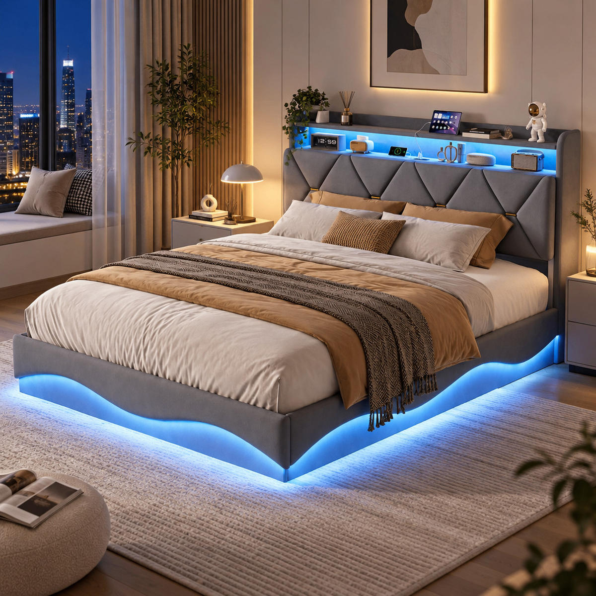 POLSTERBETT 160/200 cm,Bett Grau mit Stauraum, LED RGB und Ladefunktion，Samt - Naturfarben/Grau, Holz/Textil (160/200cm) - FURNISHINGS HOME