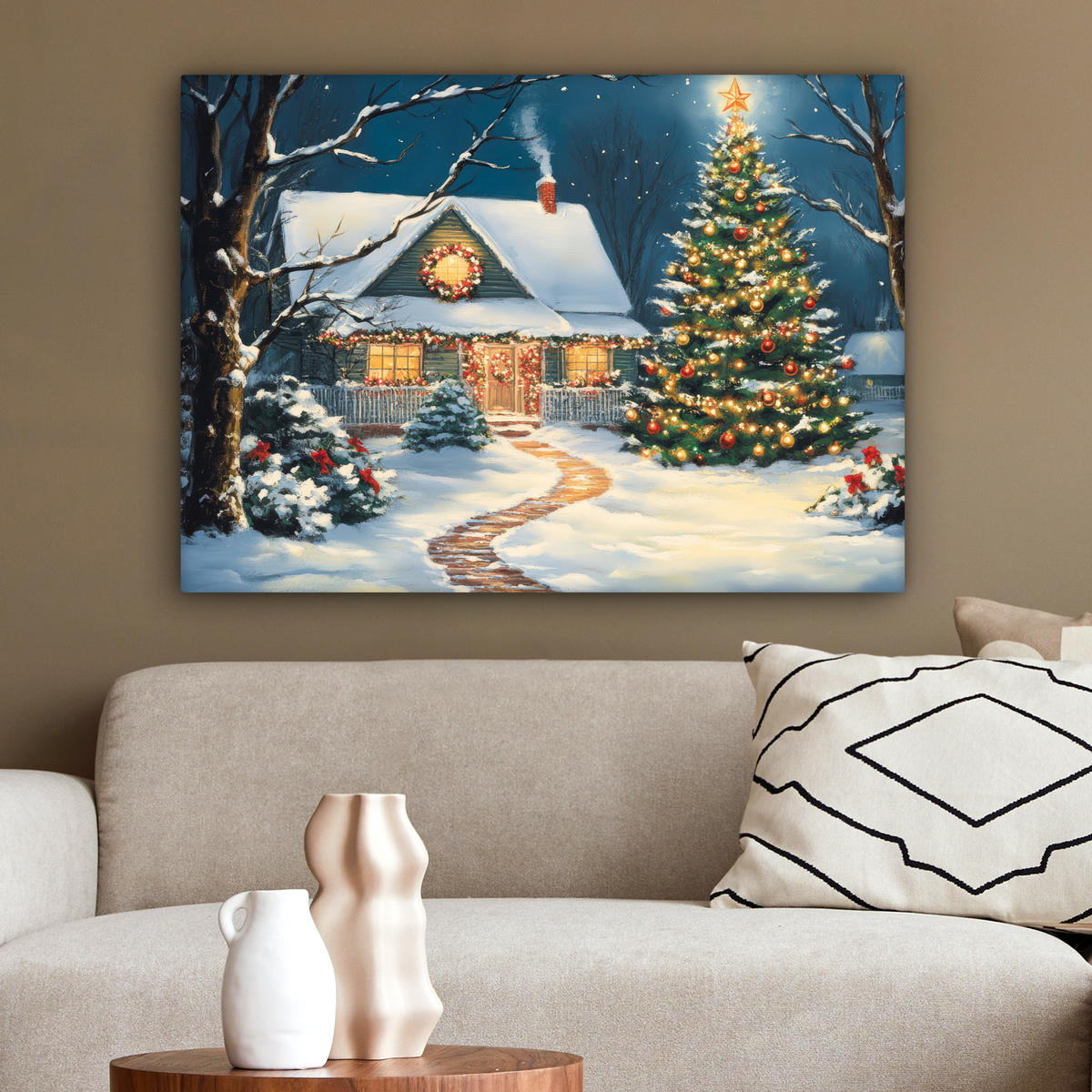 LEINWANDBILD Weihnachten - Weihnachtsbaum - Winter - Zuhause - Schnee Wandbilder 80x60 cm - Smaragdgrün, Textil (80/60cm) - MuchoWow