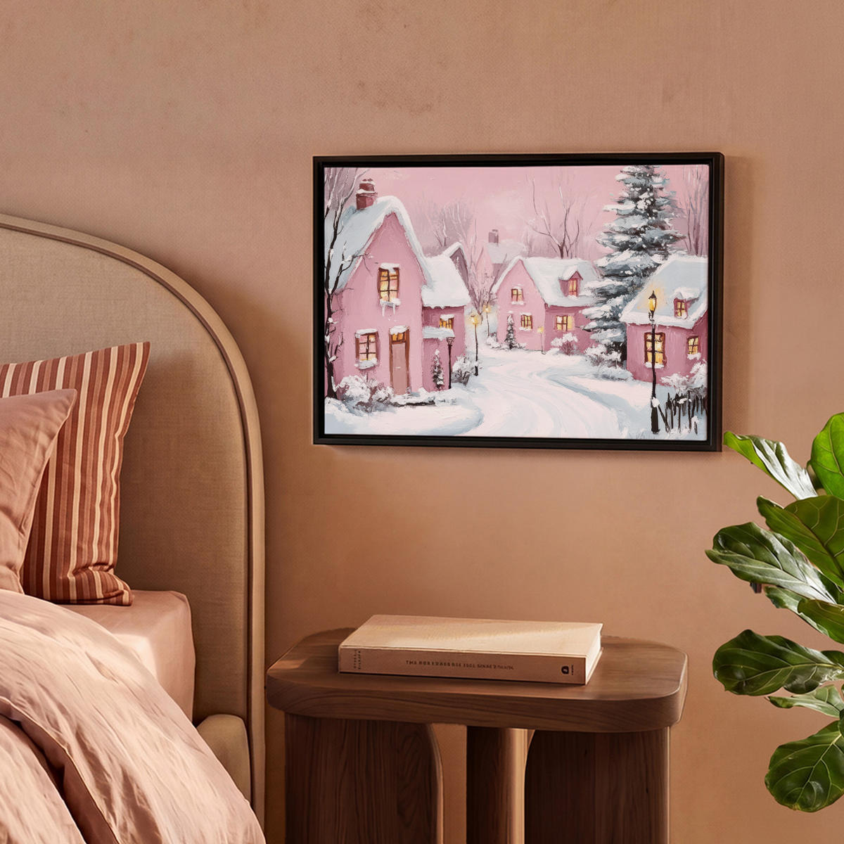LEINWAND Bilder mit Rahmen - Weihnachtsdorf - Rosa - Winter - Schnee - Häuser - 40x30 - Altrosa, Textil (40/30cm) - MuchoWow