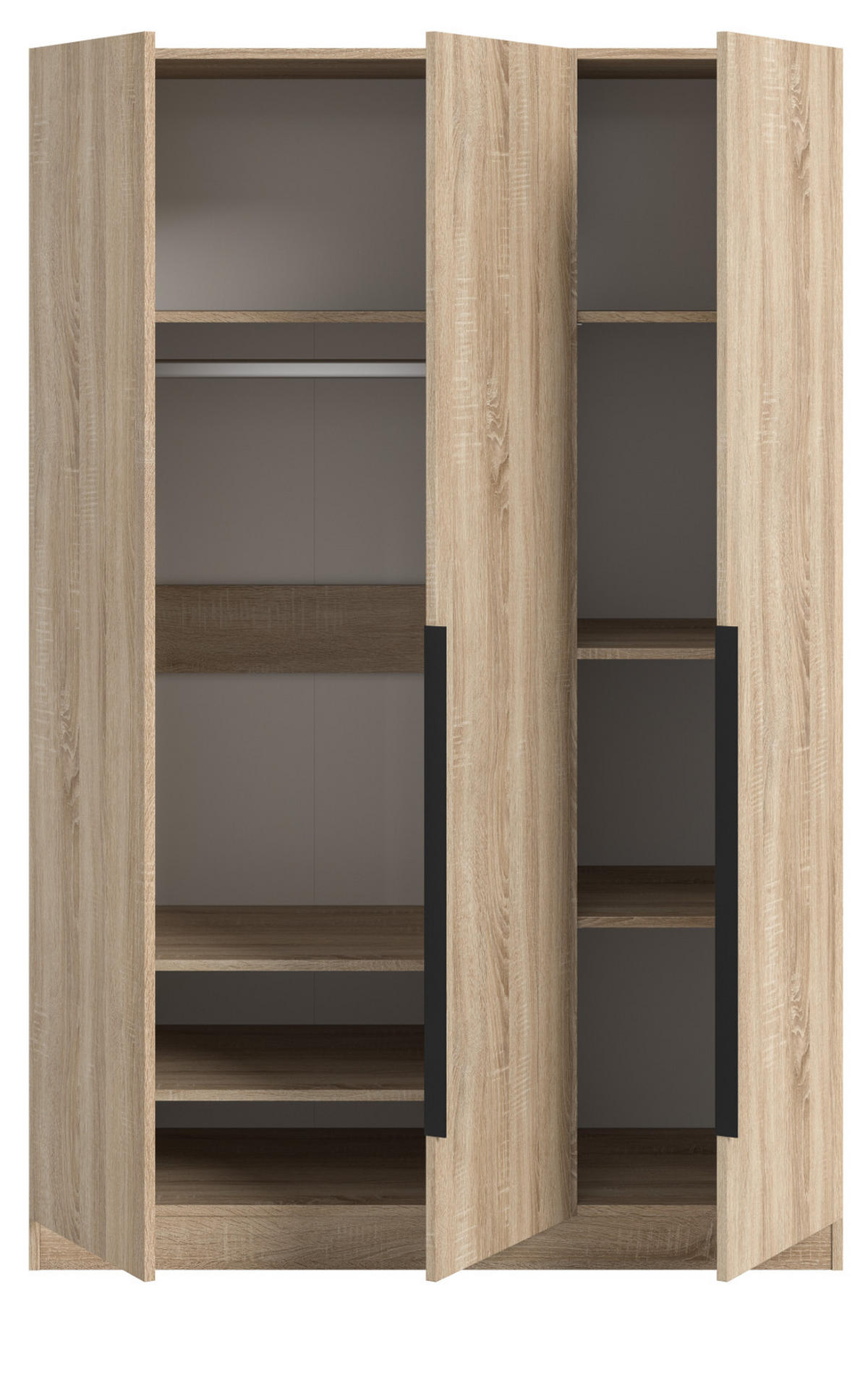 KLEIDERSCHRANK Eiche Sonoma 3-türig 120 x 181 cm, Drehtürenschrank mit zusätzlichen Einlegeböden - Eichefarben/Schwarz, Holzwerkstoff/Kunststoff (120/181/52cm) - Inn.Furn