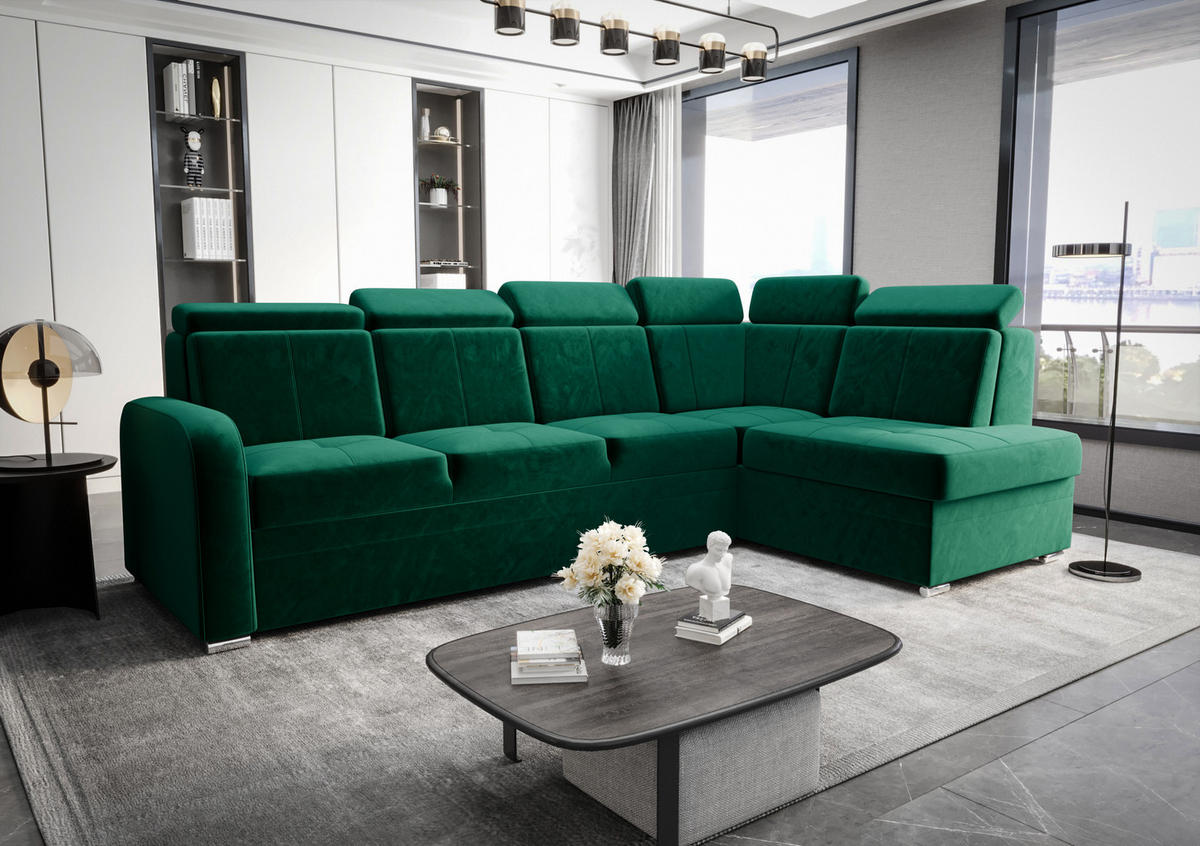 ECKSOFA KONGO RBN11, Eckcouch in L-Form mit Schlaffunktion, Farbe: Grün, Velourstoff, Ottomane Rechts - Grün, Textil (304/180cm) - O-Sofa