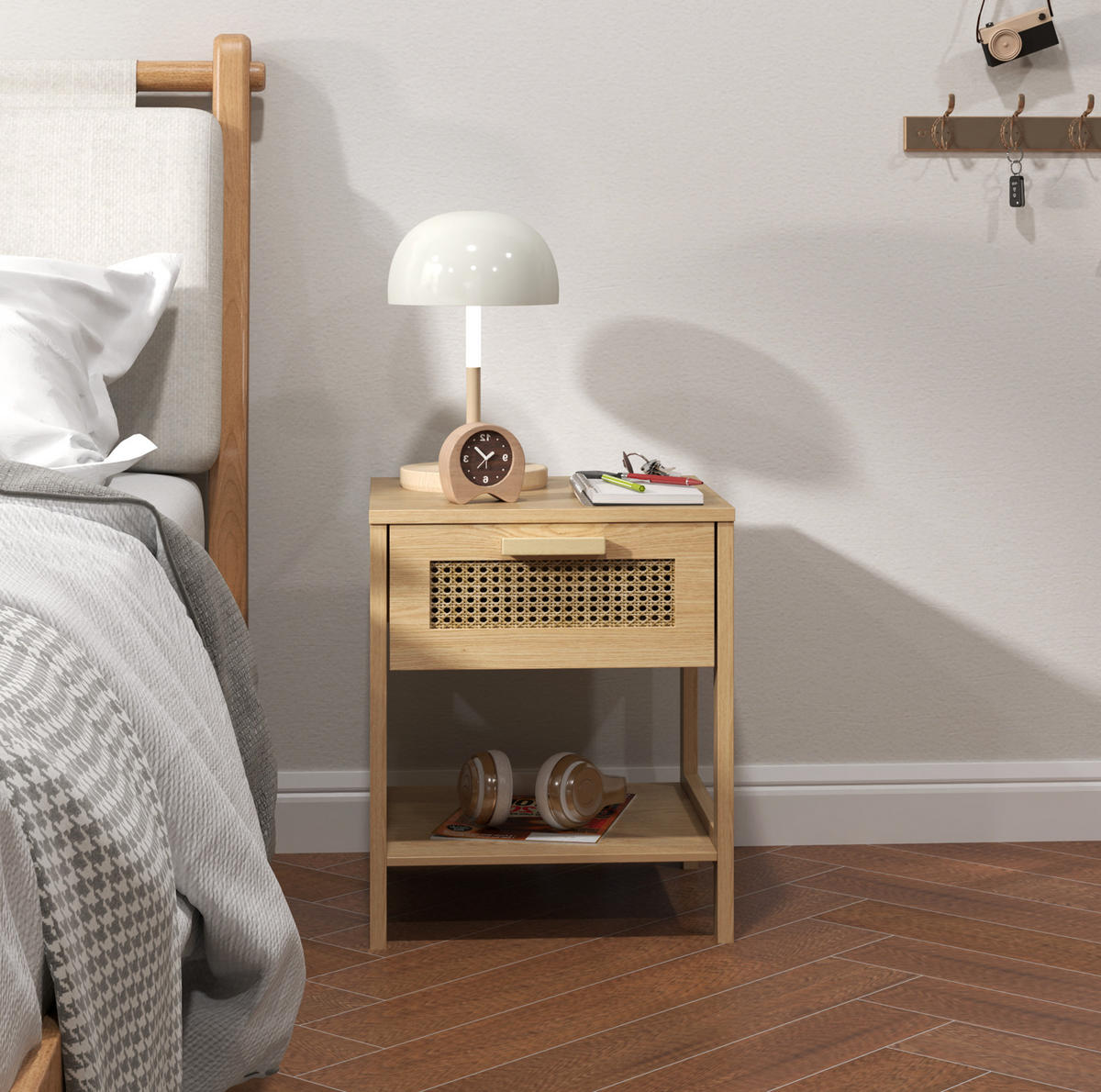 NACHTTISCH 40/40/48,4 cm mit Schublade & offenem Fach in Natur mit Rattan-Optik - Hellbraun, Holz (40/48.4/40cm) - BEAOK