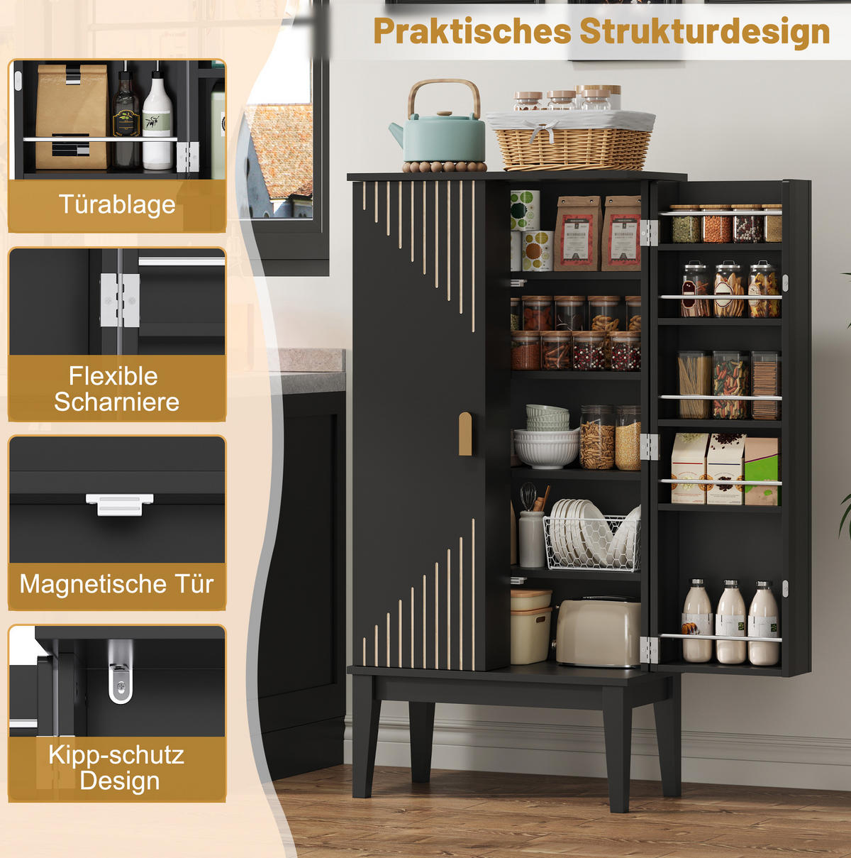 BUFFET 120/59/30 cm aus MDF mit 5 Fächern und Türablagen Schwarz - Schwarz, Holzwerkstoff (59/120/30cm) - Modenvie