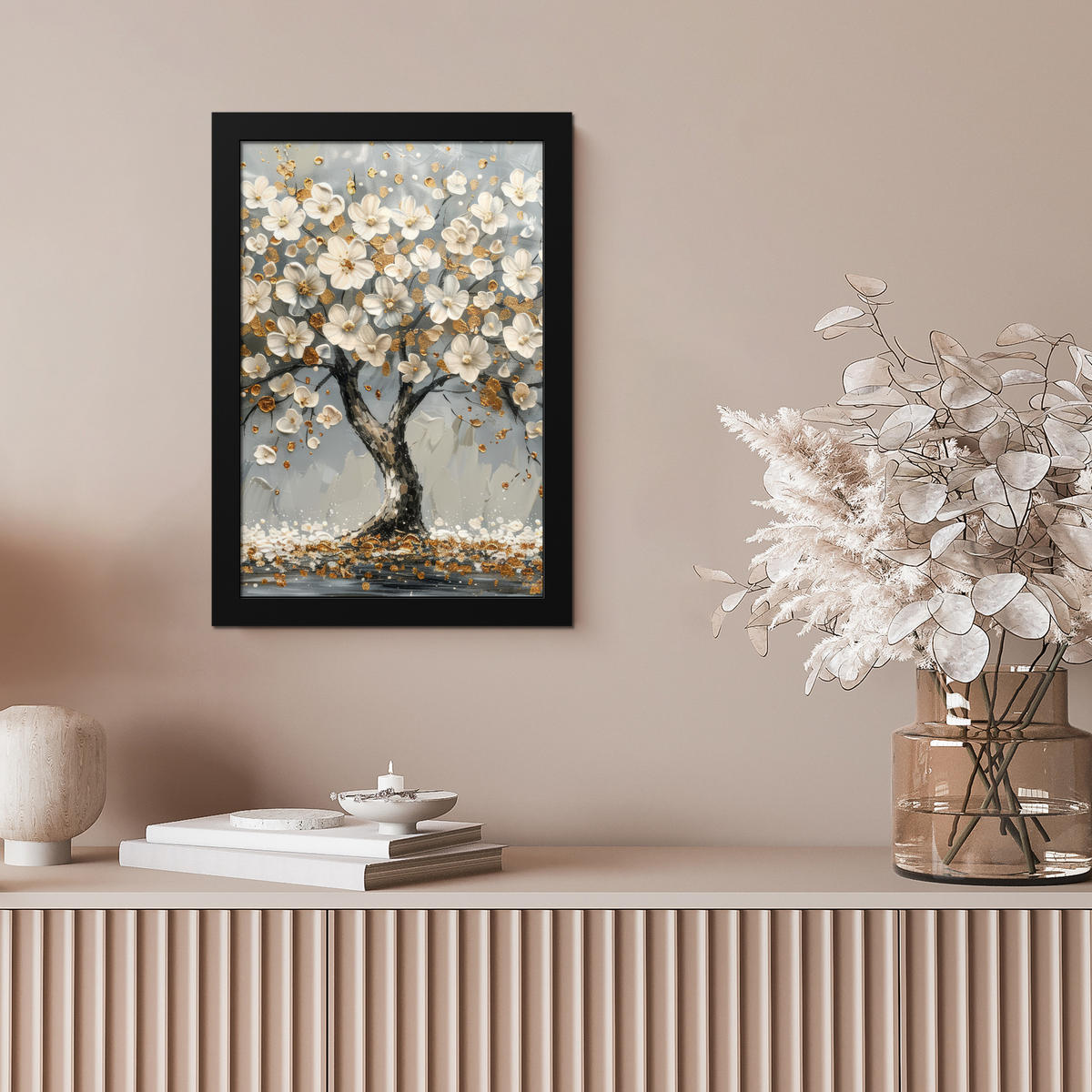 GERAHMTES BILD Baum - Blumen - Weiß - Natur - Kunst 20x30 cm - Weiß, Papier (20/30cm) - MuchoWow