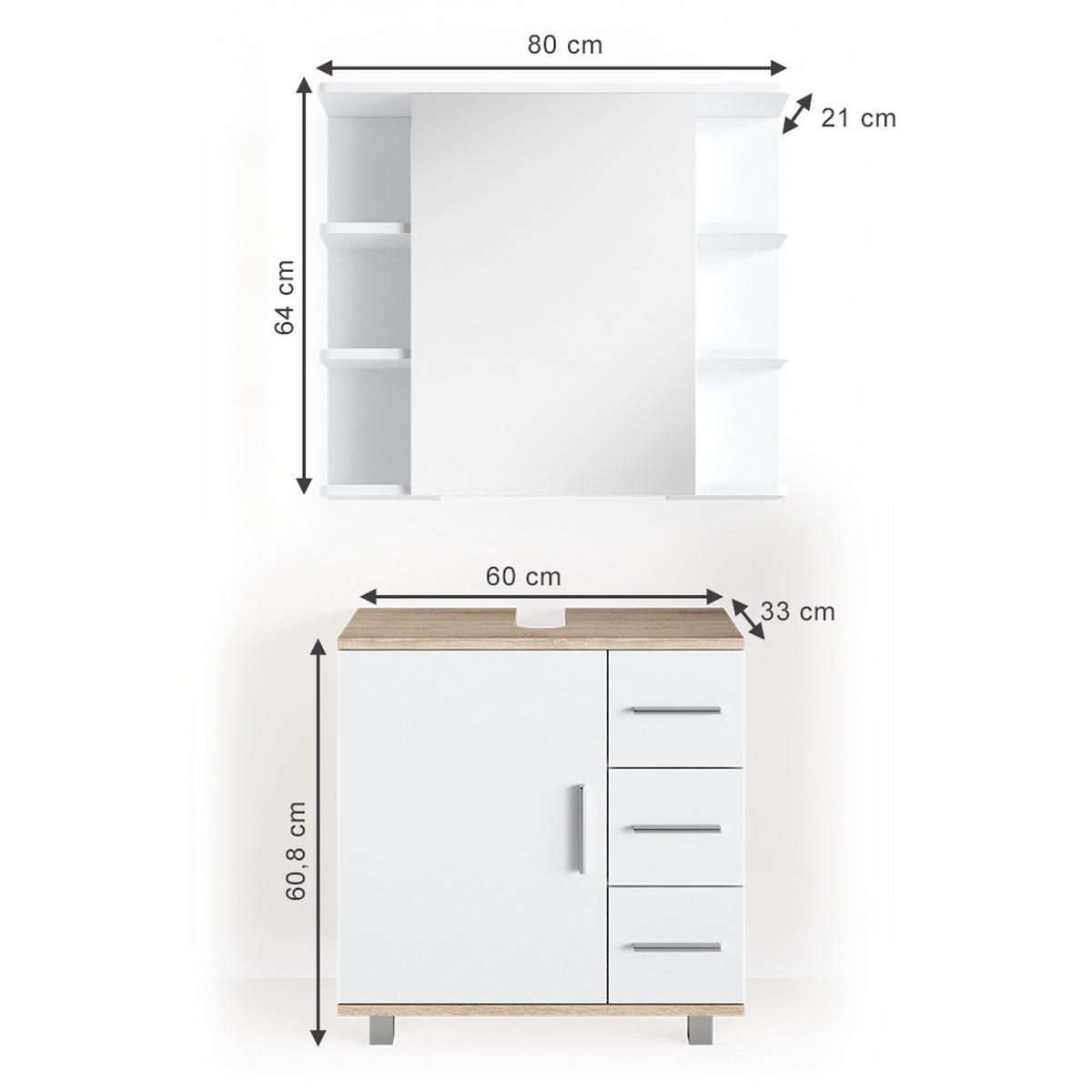BADMÖBEL-SET Ilias Sonoma 2 Teile - Weiß/Sonoma Eiche, Holzwerkstoff (60/60.8/33cm) - Vicco