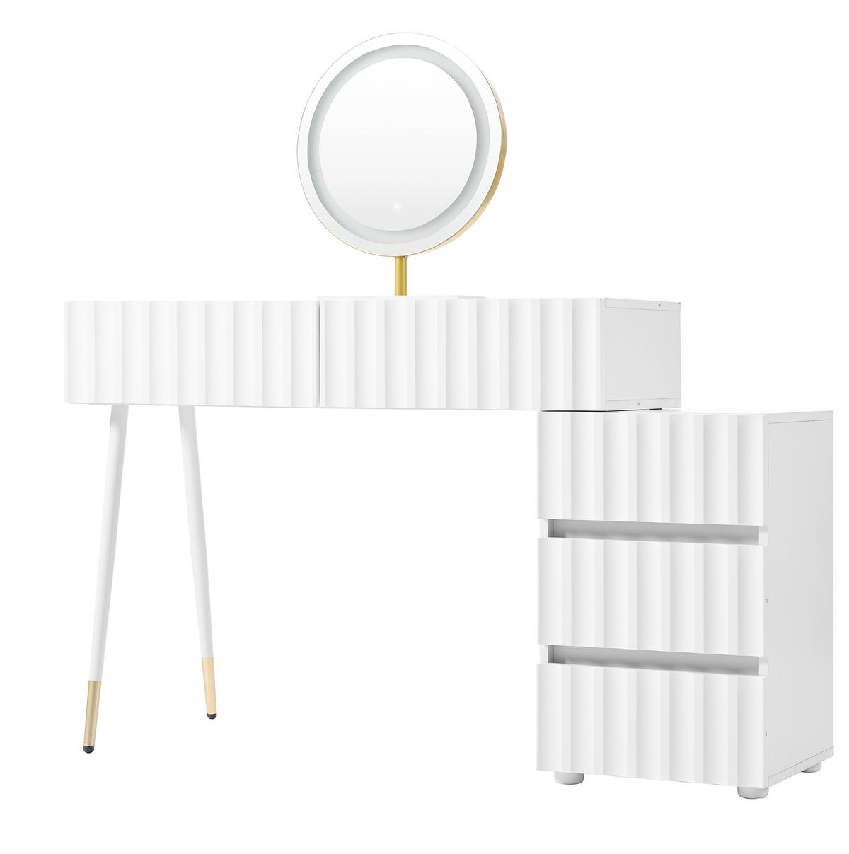 SCHMINKTISCH aus Holzwerkstoff 135x40x127 cm Weiß mit LED-Spiegel, 5 Schubladen und flexiblem Seitenschrank - Weiß, Holzwerkstoff (135/127/40cm) - Modfu