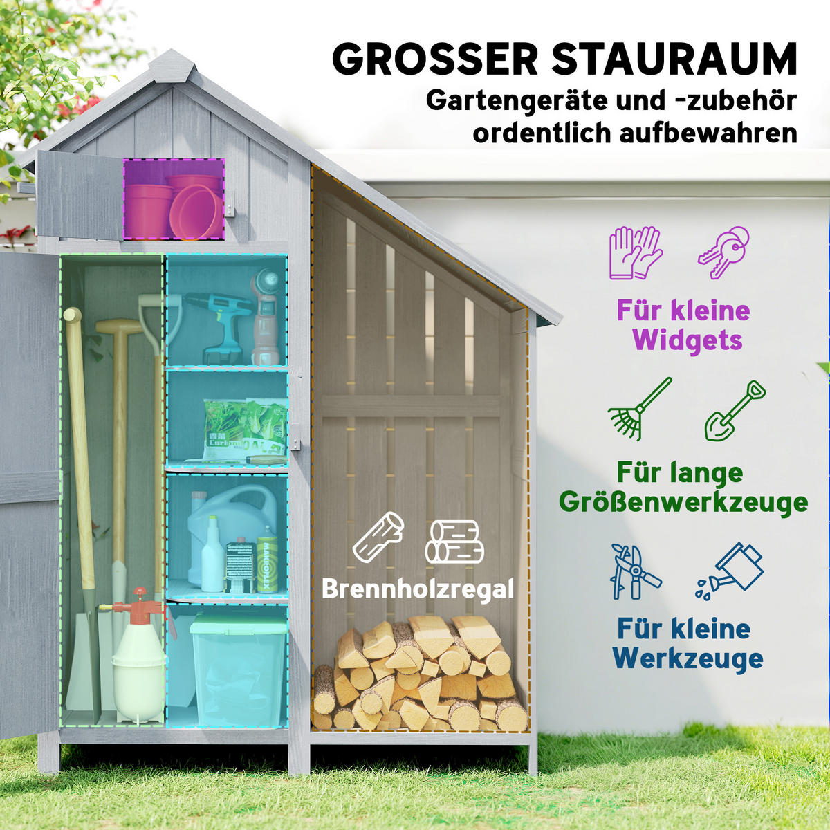 GARTENSCHRANK Holz Outdoor wetterfest Geräteschuppen mit Asphaltdach Grau - Grau, Holz (51.5/180/129cm) - Outsunny
