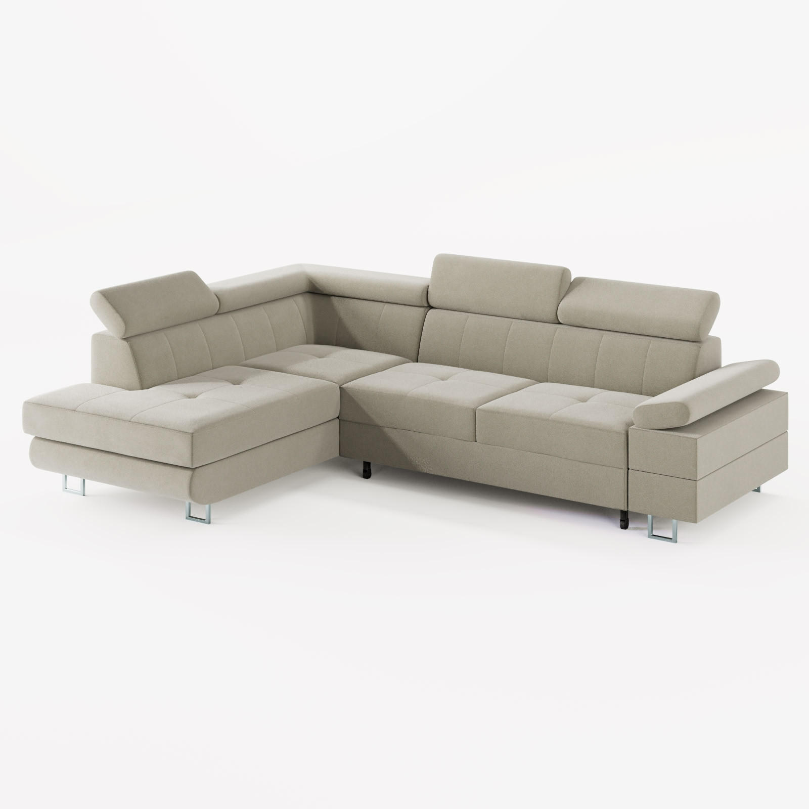 ECKSOFA CAROLINE Links Beige matter Veloursstoff mit Schlaffunktion und Bettkasten - Chromfarben/Beige, Textil (253/190cm) - Barchello